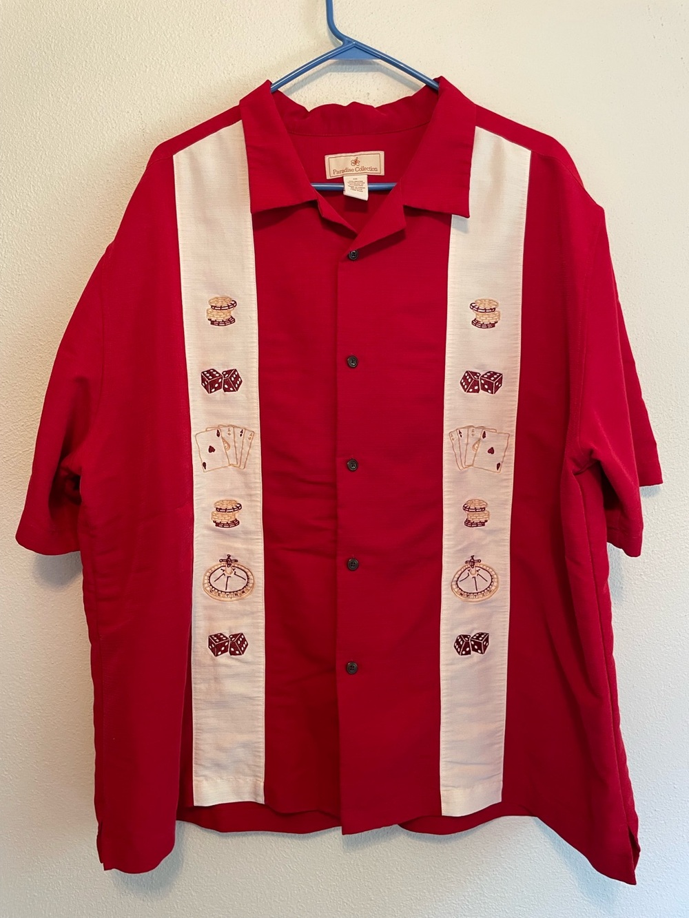 Vintage Men's Cuban-Style Bowling Button Shirt Embroidered Casino Poker Gambling